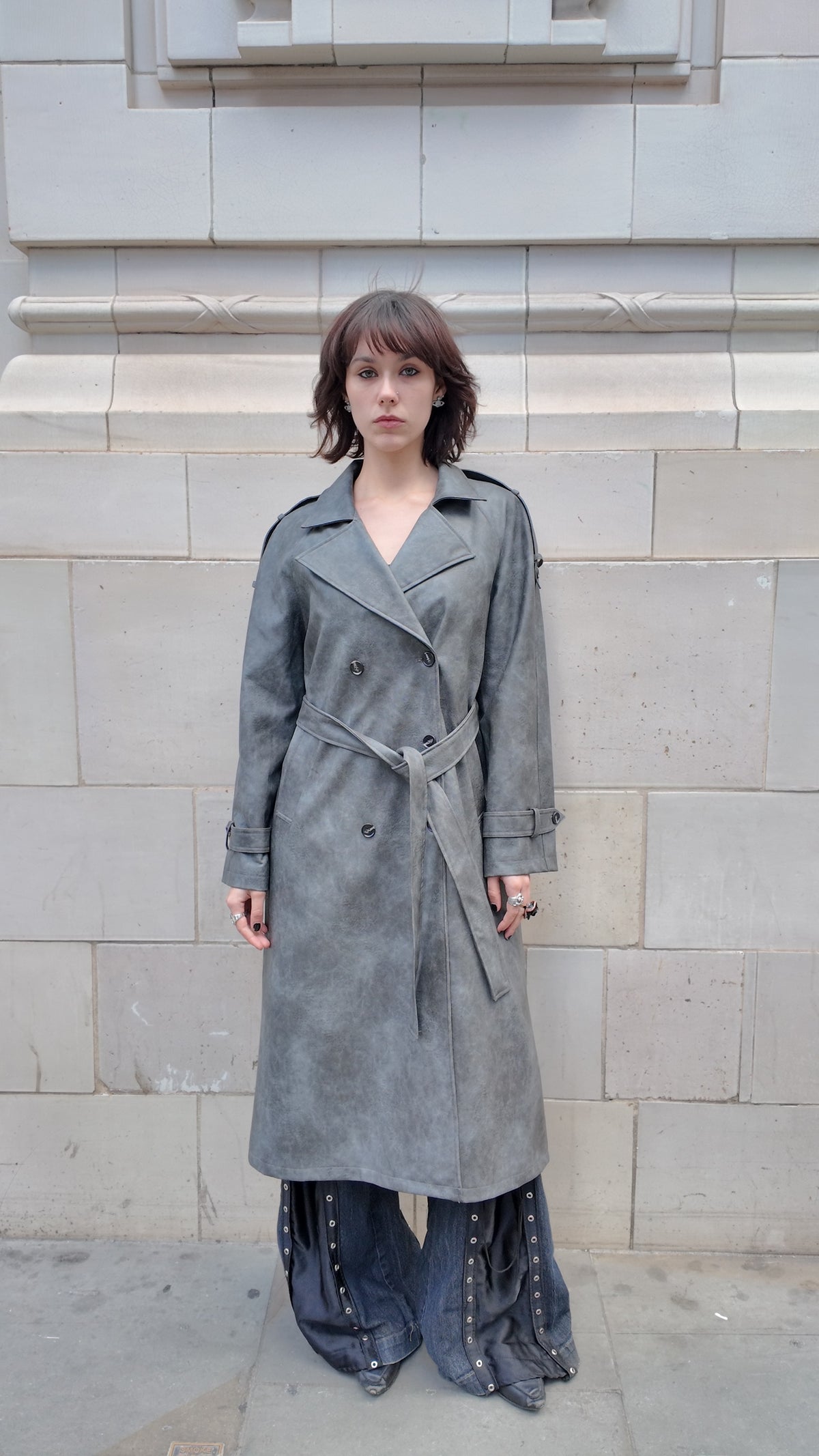 Cement Grey Long Leather Coat