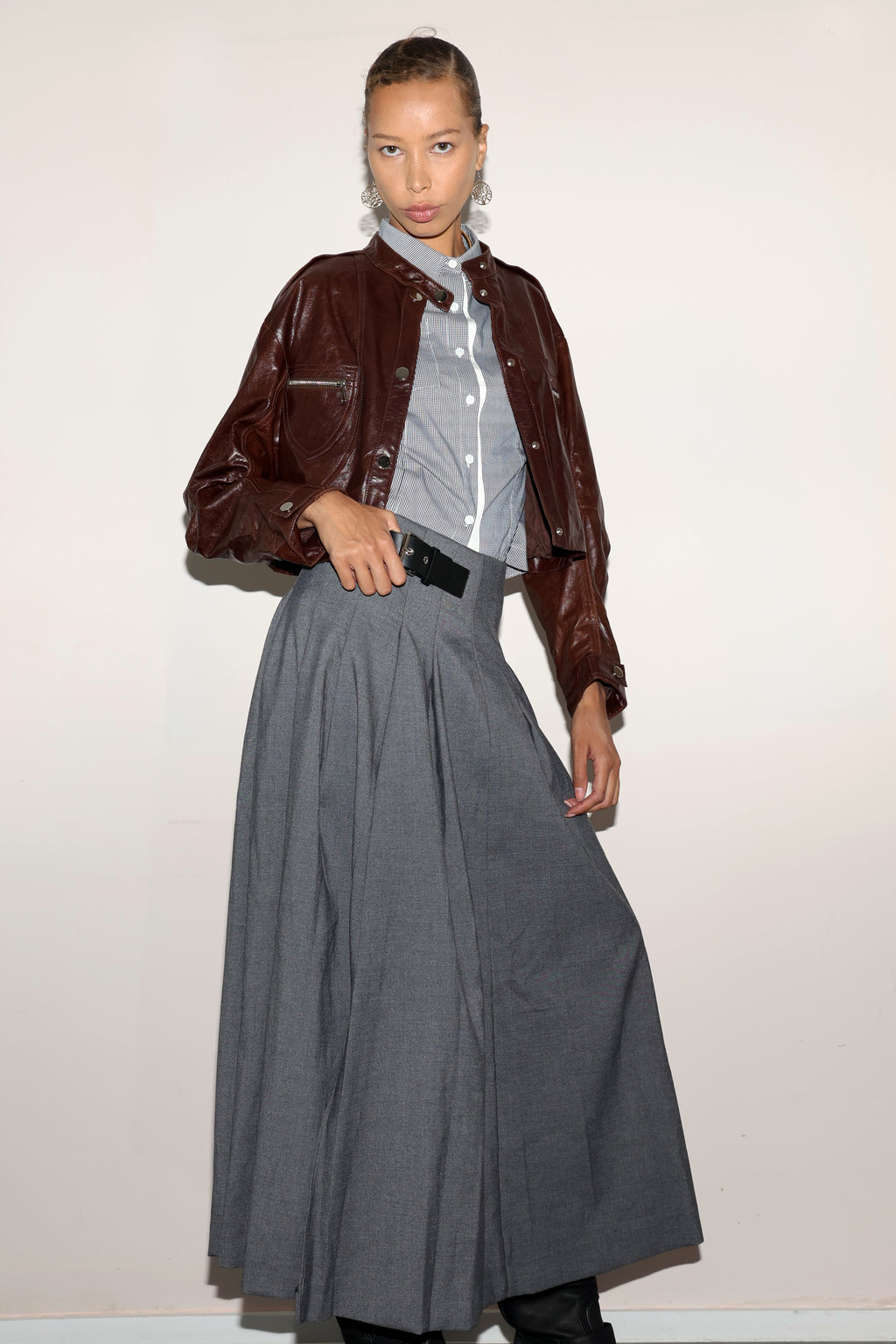 Grey Pleated Skirt with Belt
