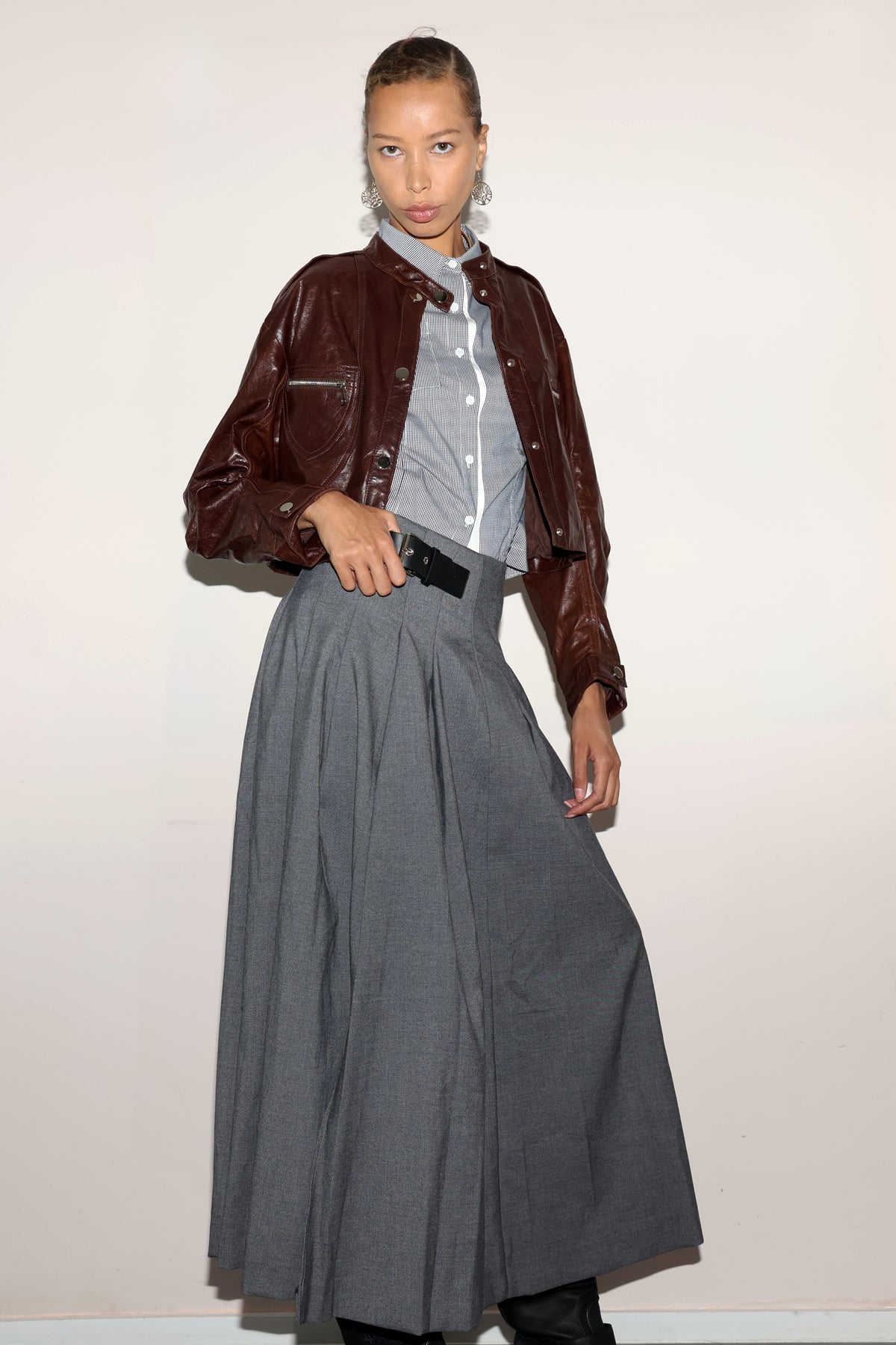 Grey Pleated Skirt with Belt