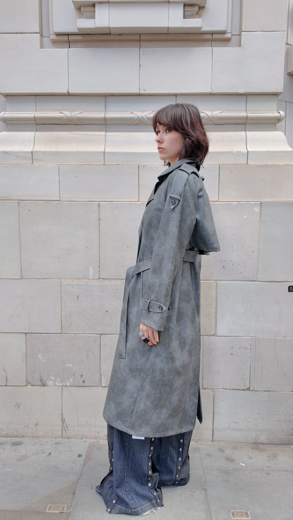 Cement Grey Long Leather Coat