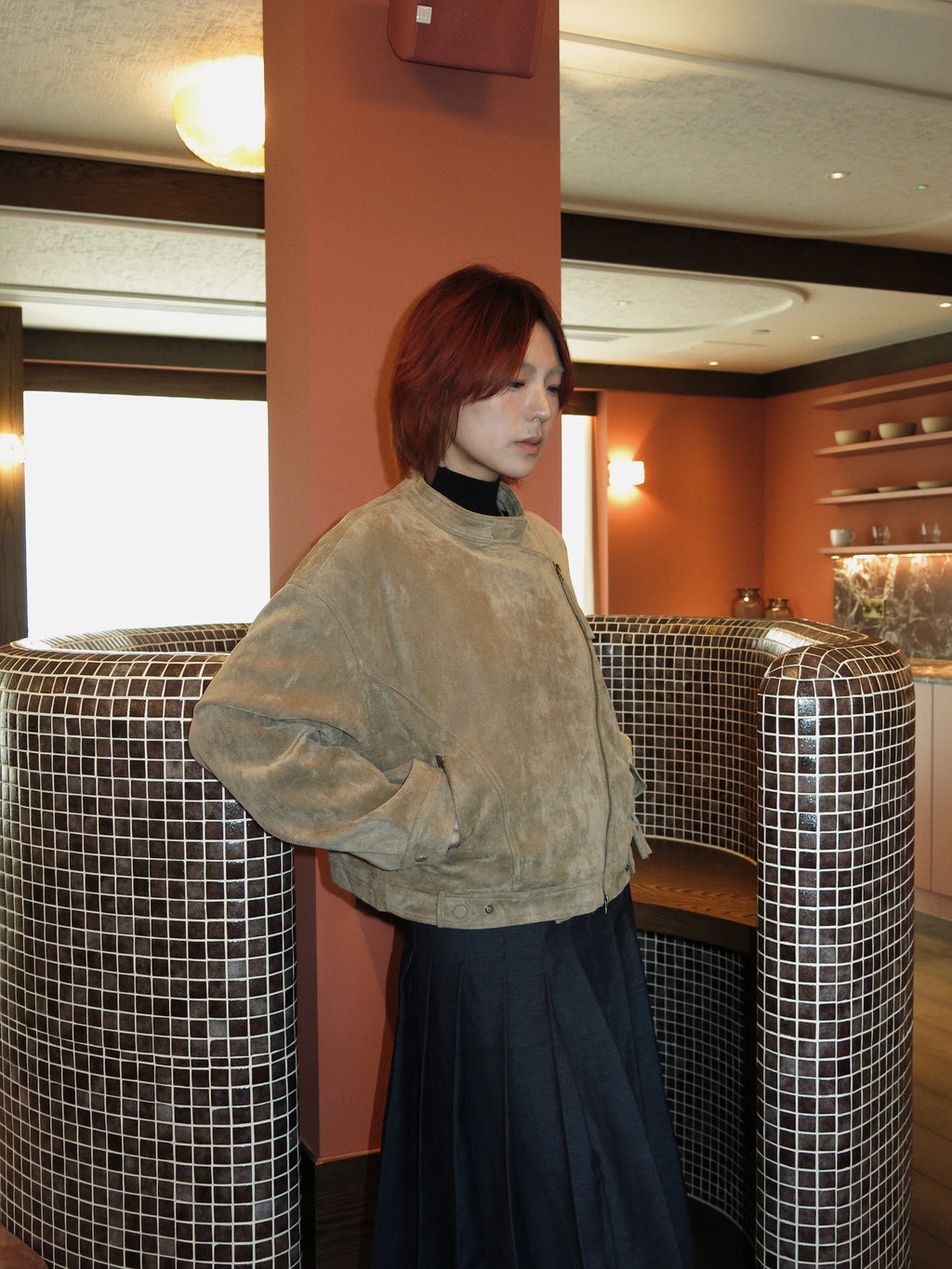 Light Brown Suede Jacket with Asymmetrical Zipper