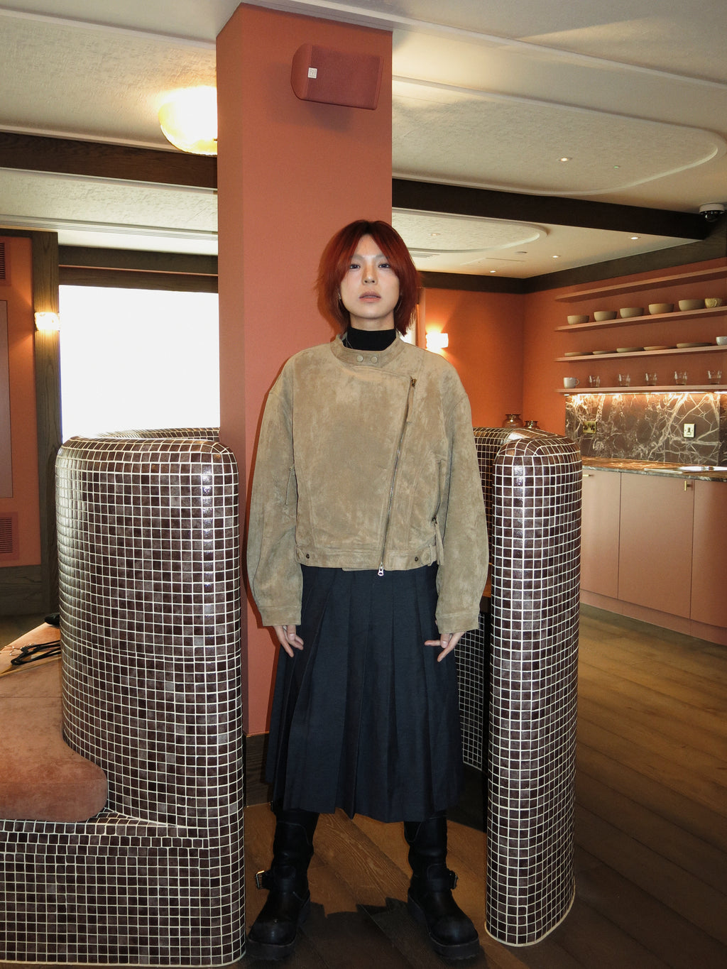 Light Brown Suede Jacket with Asymmetrical Zipper