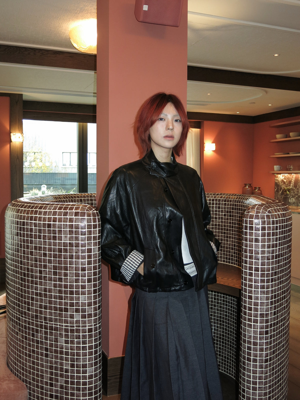 Black Leather Jacket with Plaid Cuffed Sleeves