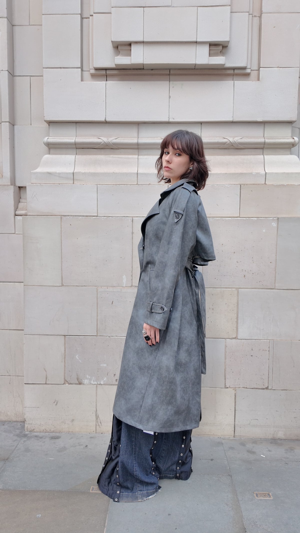 Cement Grey Long Leather Coat