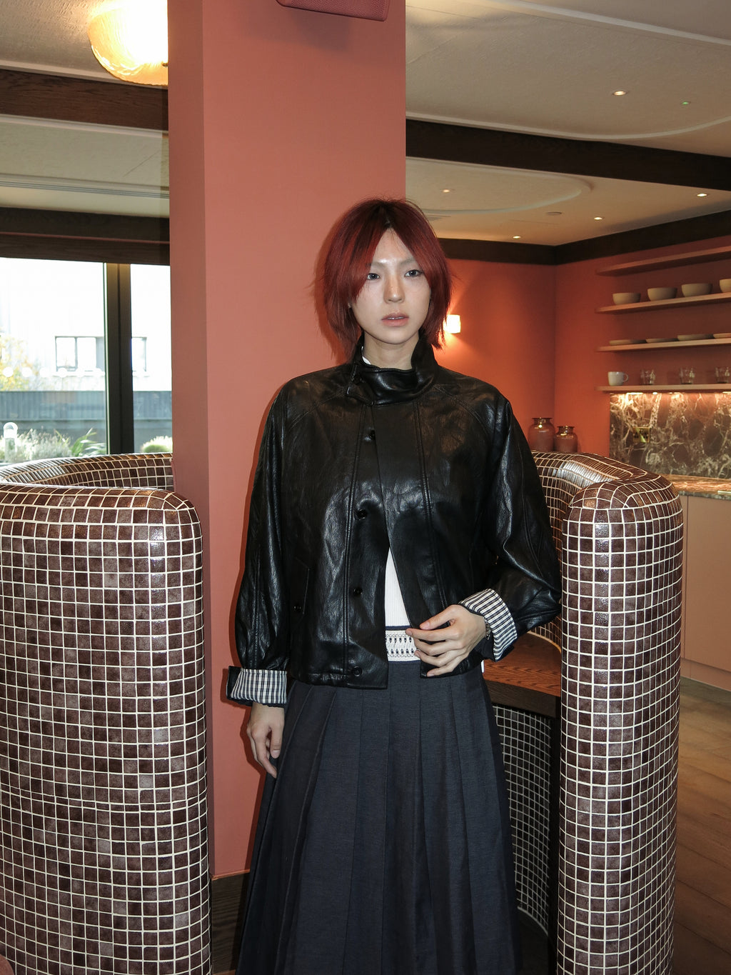 Black Leather Jacket with Plaid Cuffed Sleeves