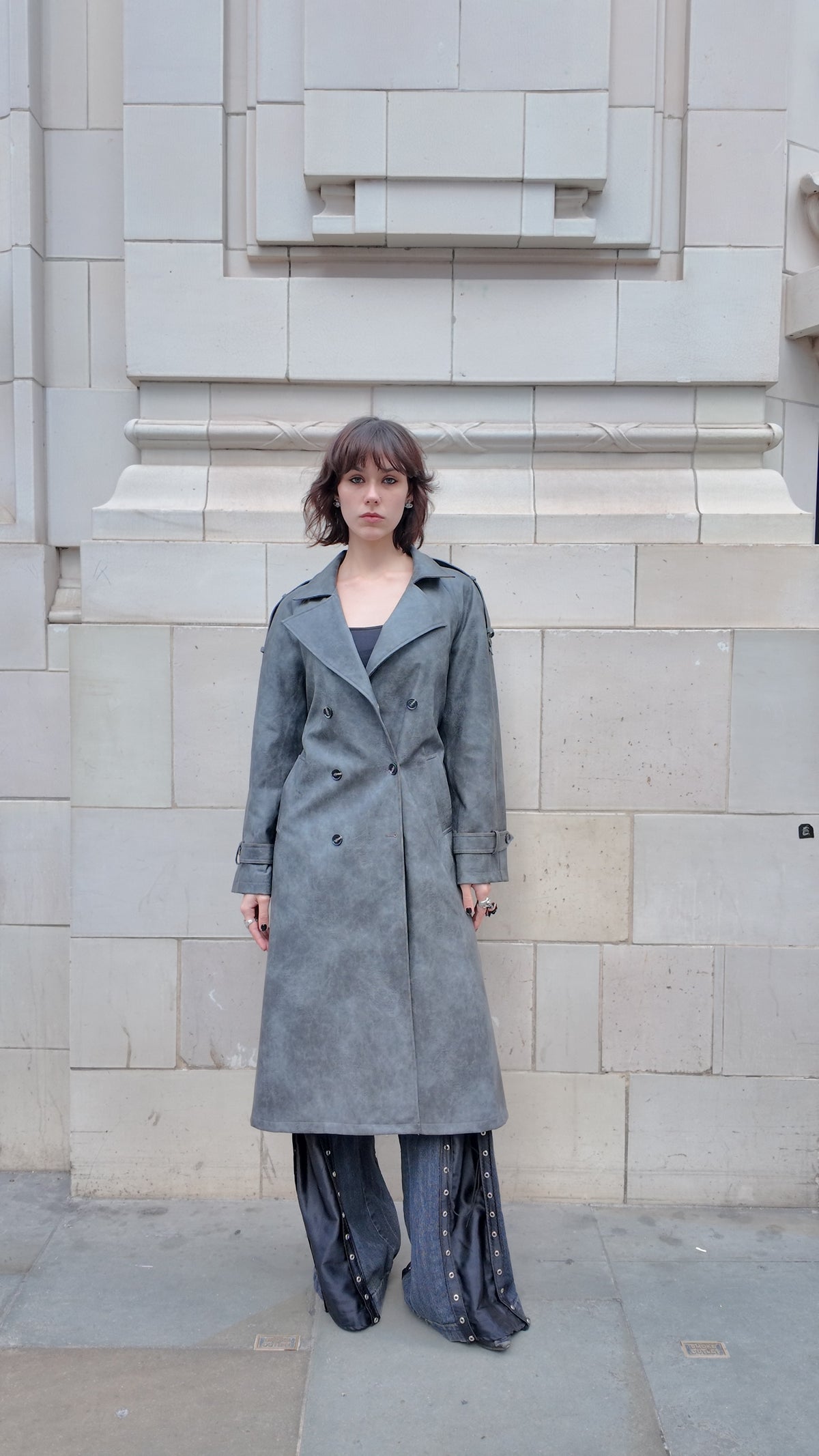 Cement Grey Long Leather Coat