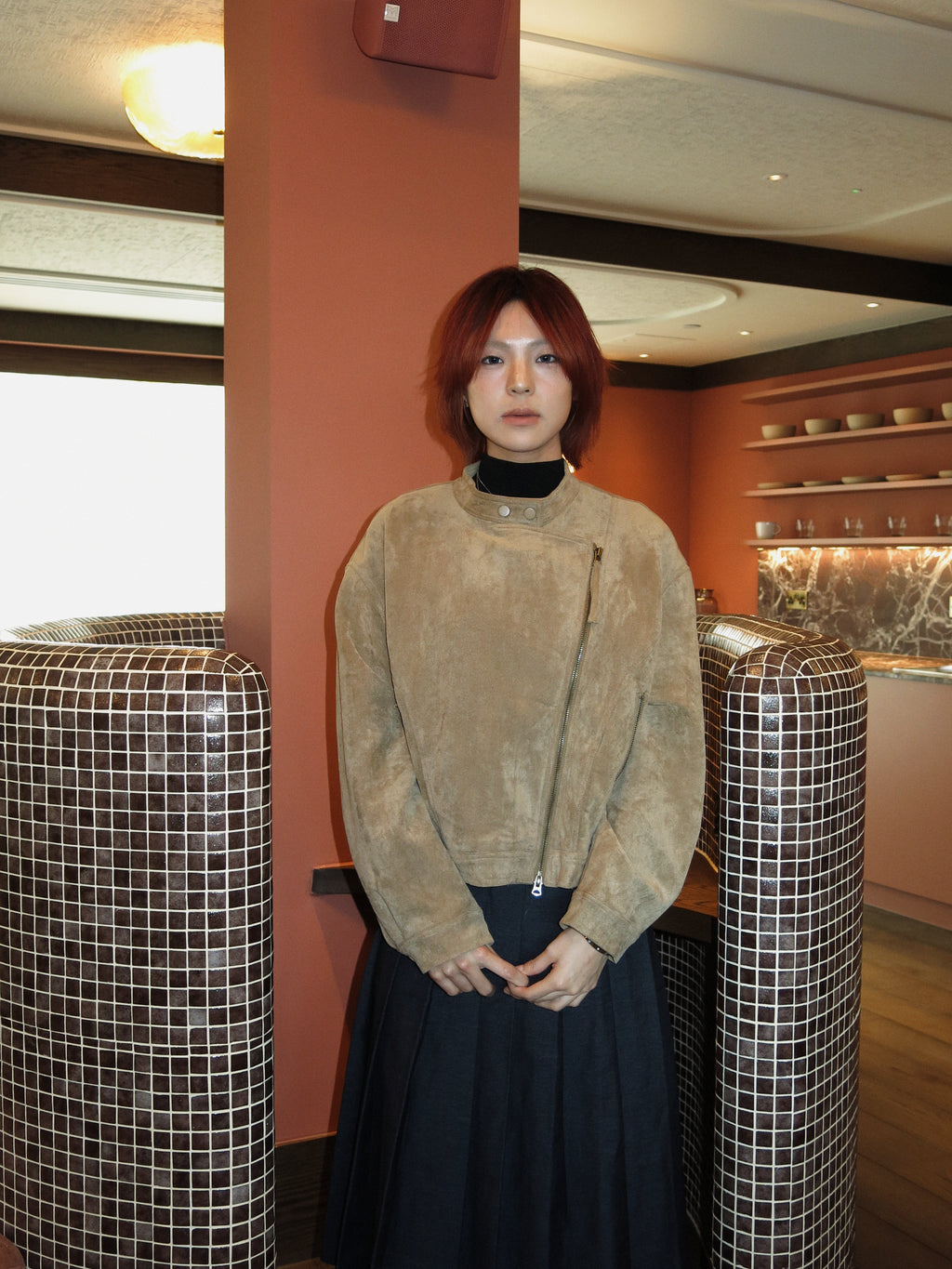 Light Brown Suede Jacket with Asymmetrical Zipper