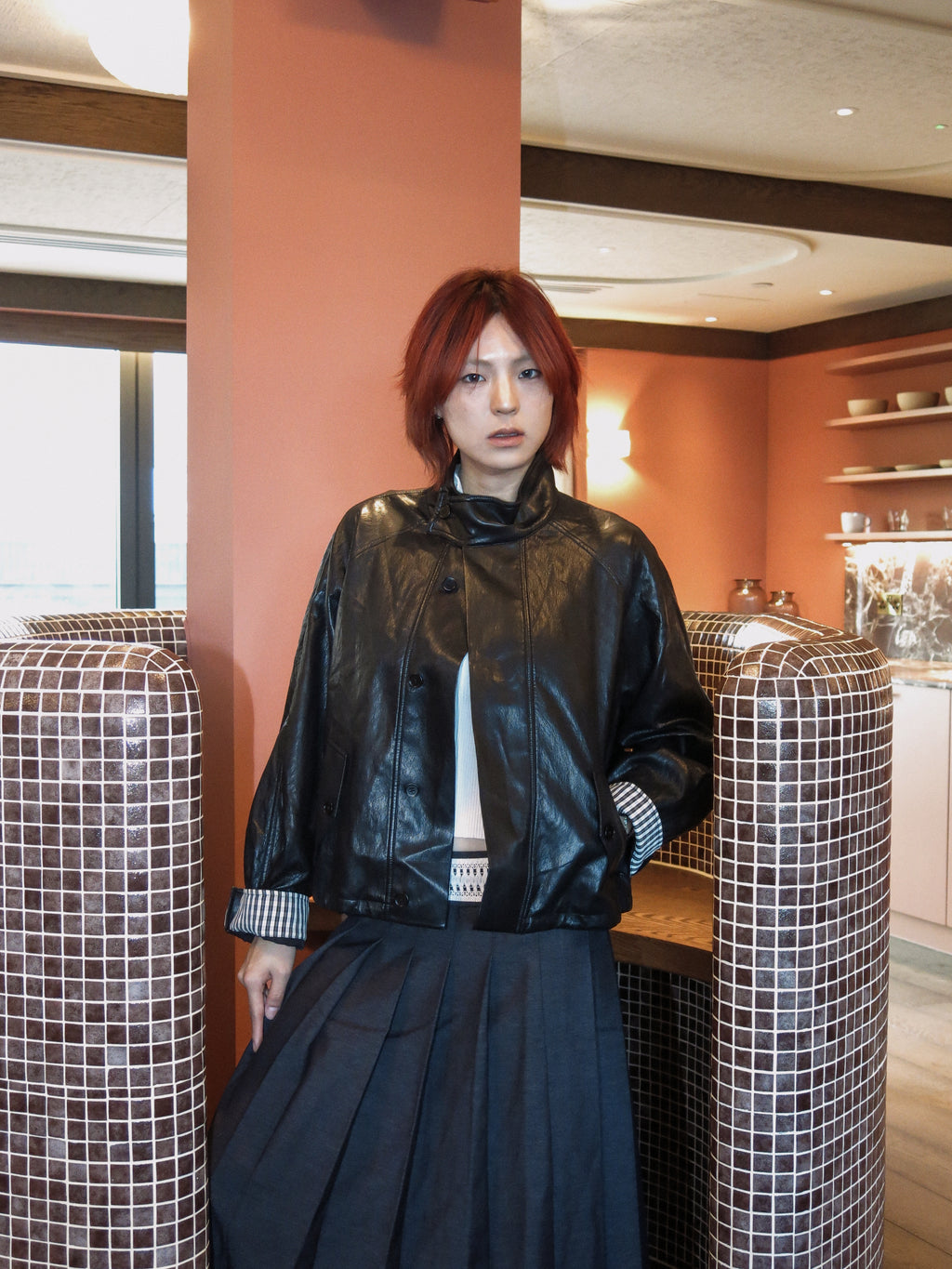 Black Leather Jacket with Plaid Cuffed Sleeves